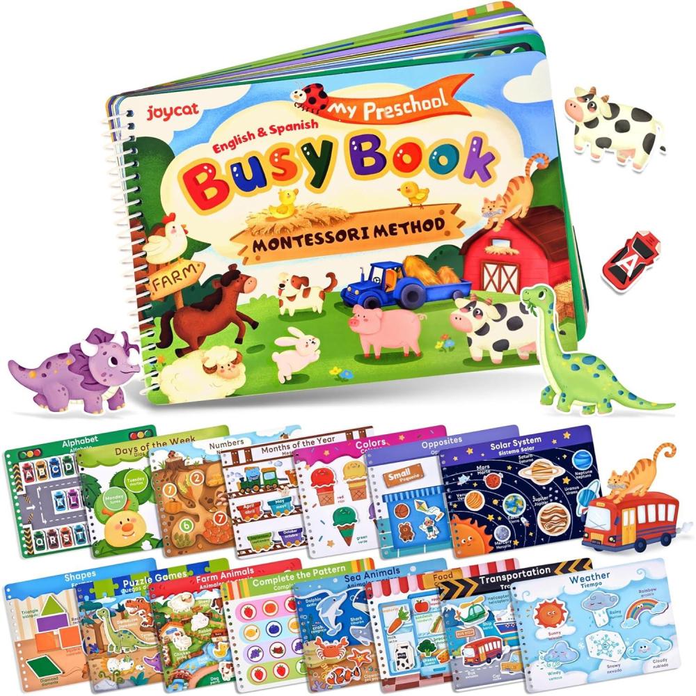 JoyCat Preschool Busy Book for Toddlers 3-5, Learning Activities, Educational Sensory Toys, Autism Learning Material, Back to School, Birthdays Presents for Boys Girls(English and Spanish Version)