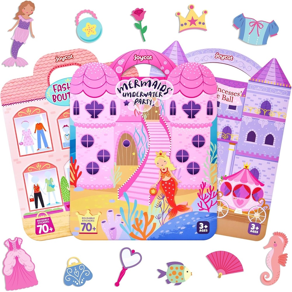 JoyCat Reusable Dress-Up Sticker Books, 3-Pack, Princess Mermaid Fashion | 200+ washable stickers, kids car activities, toddler creative play, preschool travel toy, birthday gift for 4 year old girls(3-Pack Dress-Up: Princess  Mermaid  Fashion)