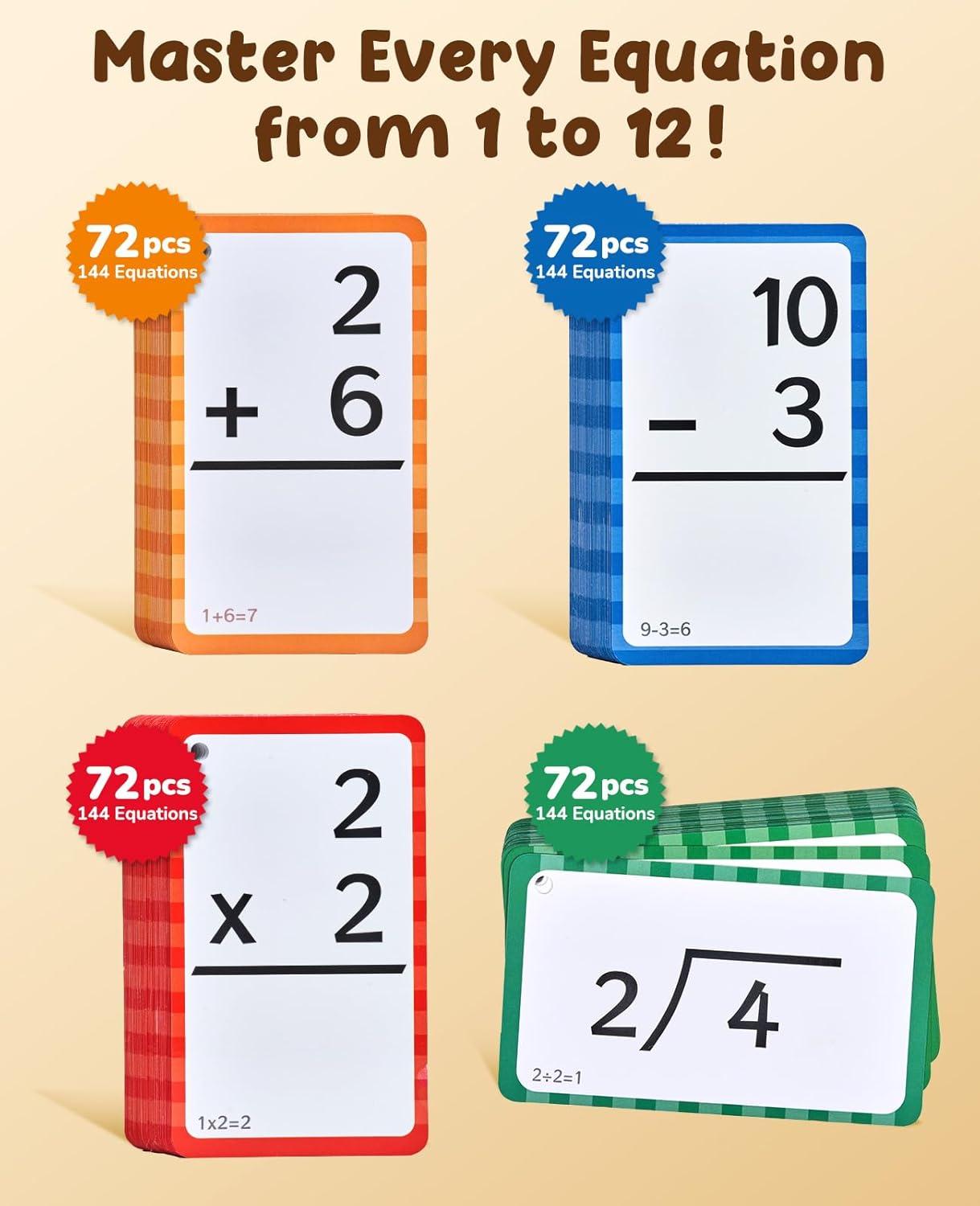 JoyCat Math Flash Cards and Chart for Kids Ages 4-8, 288 Double-Sided Flash Cards for Addition, Subtraction, Multiplication & Division, Interactive Math Learning Tool for Homeschool and Classroom(Math Flash Cards)