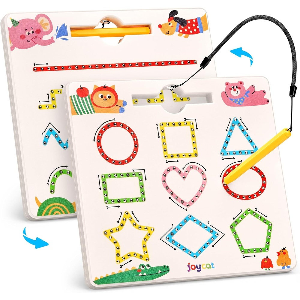 JoyCat Magnetic Shapes and Lines Tracing Board, 2-in-1 Double-Sided Pencil Control Toy for Toddlers & Kids, Preschool Educational Learning, Road Trip Car Activities, Birthday Gifts for Boys & Girls(Shape 2)