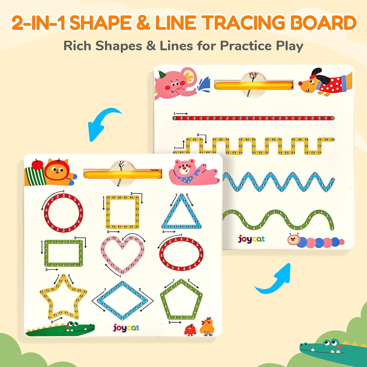 JoyCat Magnetic Shapes and Lines Tracing Board, 2-in-1 Double-Sided Pencil Control Toy for Toddlers & Kids, Preschool Educational Learning, Road Trip Car Activities, Birthday Gifts for Boys & Girls(Shape 2)