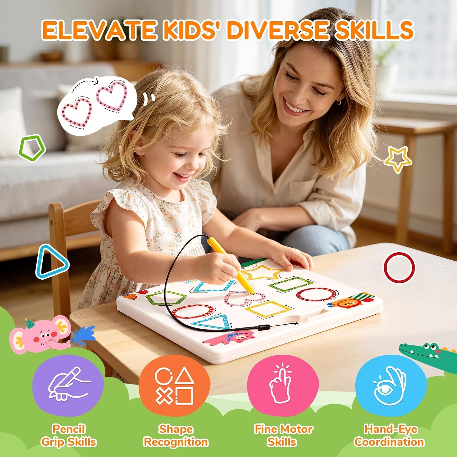 JoyCat Magnetic Shapes and Lines Tracing Board, 2-in-1 Double-Sided Pencil Control Toy for Toddlers & Kids, Preschool Educational Learning, Road Trip Car Activities, Birthday Gifts for Boys & Girls(Shape 2)