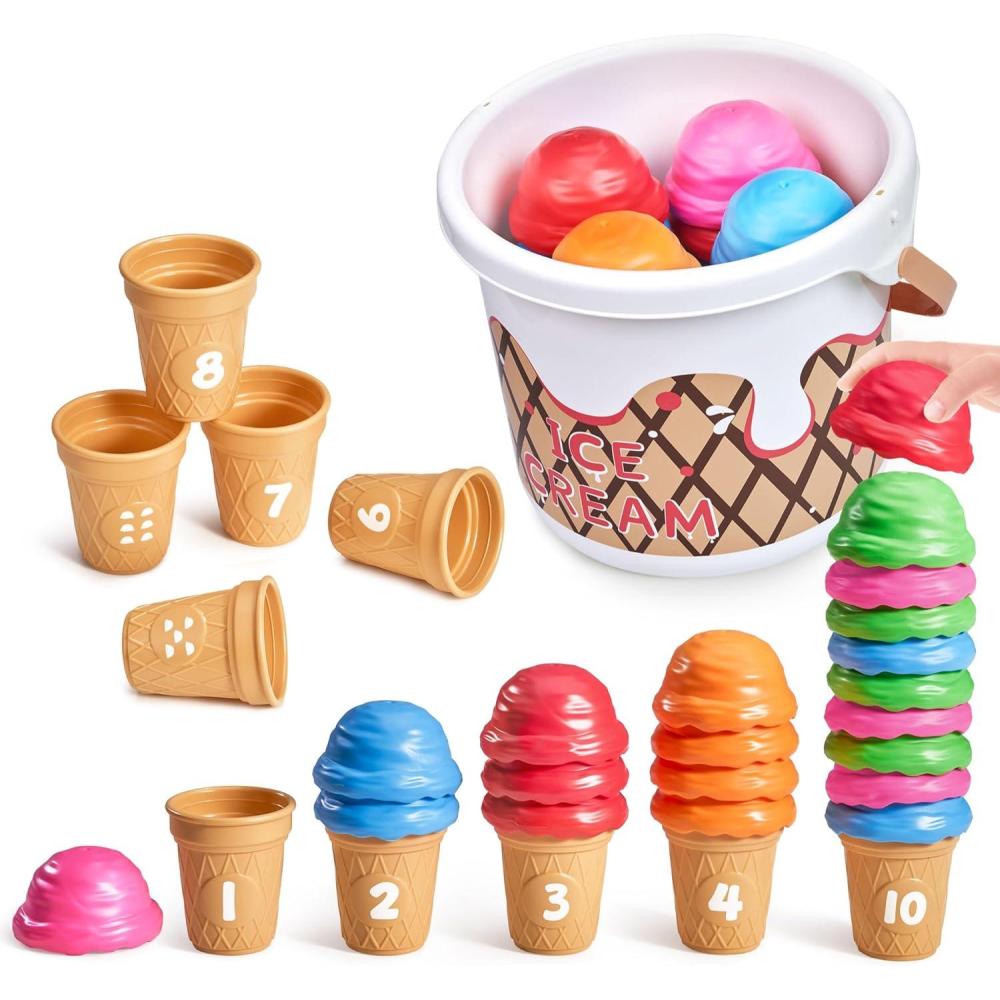 JoyCat Ice Cream Preschool Learning Activities Counting and Color Sorting Set Stacking Toys for Kids 1-5, Educational Fine Motor Skills Toys, 30PCS Math Manipulatives, Easter Basket Stuffers(Red Learning Bucket Set(20 ice cream scoops&10 ice cream cones ))