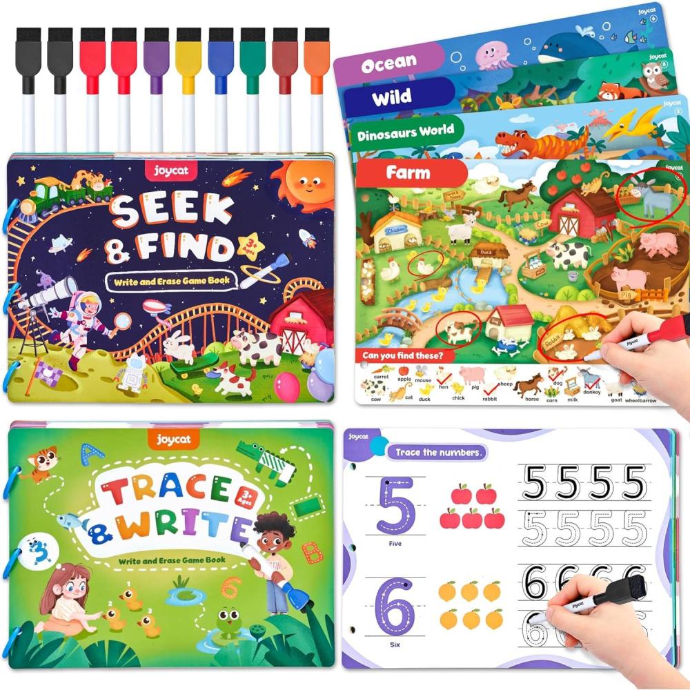 JoyCat Preschool Learning Activities Set (2-Pack) – Seek & Find Game Books and Letters Numbers Handwriting Practice Tracing Workbooks for Toddlers & Kids, Birthday Gifts for Girls and Boys Ages 3-5(6. Seek & Find+Trace & Write)