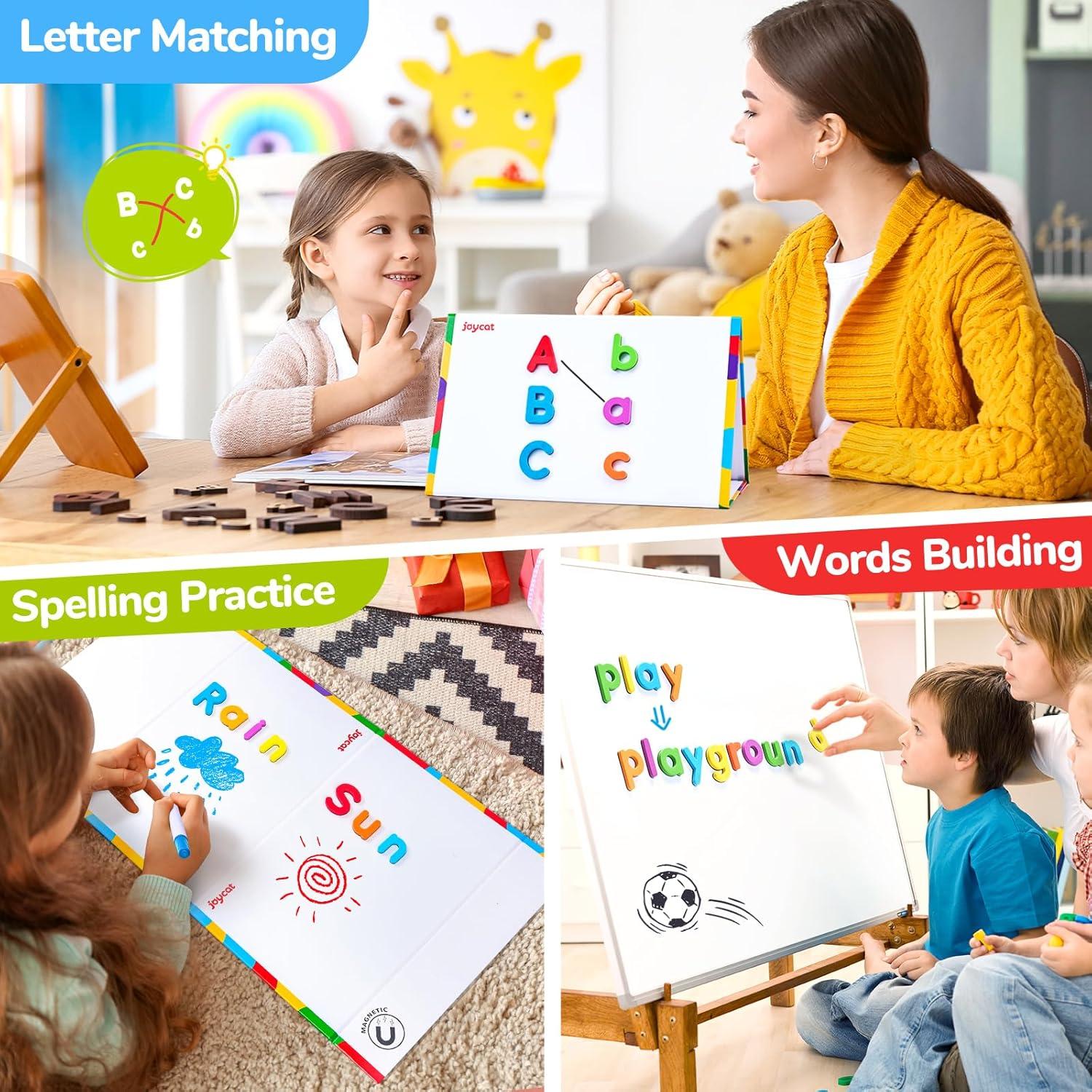 JoyCat Classroom Magnetic Letters Kit 248 Pcs with Double-Side 3D Foldable Magnetic Board – Foam Alphabet Letters&Numbers for Kids Spelling and Learning, Letter Board Tabletop Easel