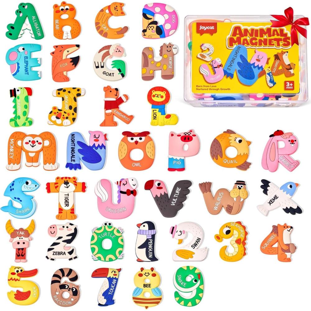 JoyCat Magnetic Letters and Numbers Fridge Magnets, Soft PVC Learning Refrigerator Toy Set for Kids & Toddlers, 26 Animal Alphabet Letters and 0-9 Numbers, Birthday Gifts for Baby Boys and Girls(Letters+Numbers)