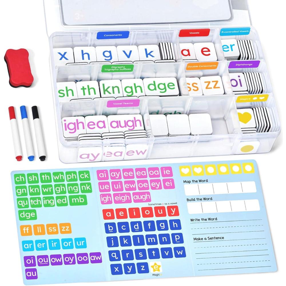 JoyCat 265 Phonics Magnetic Letter Tiles- Hooked on Phonics, ABC Reading Games Set with Word-Building Folder & Storage Case, Letter Sound Alphabet Letters, Preschool Pre k Classroom Materials(265 Tiles+1 Word Folder)