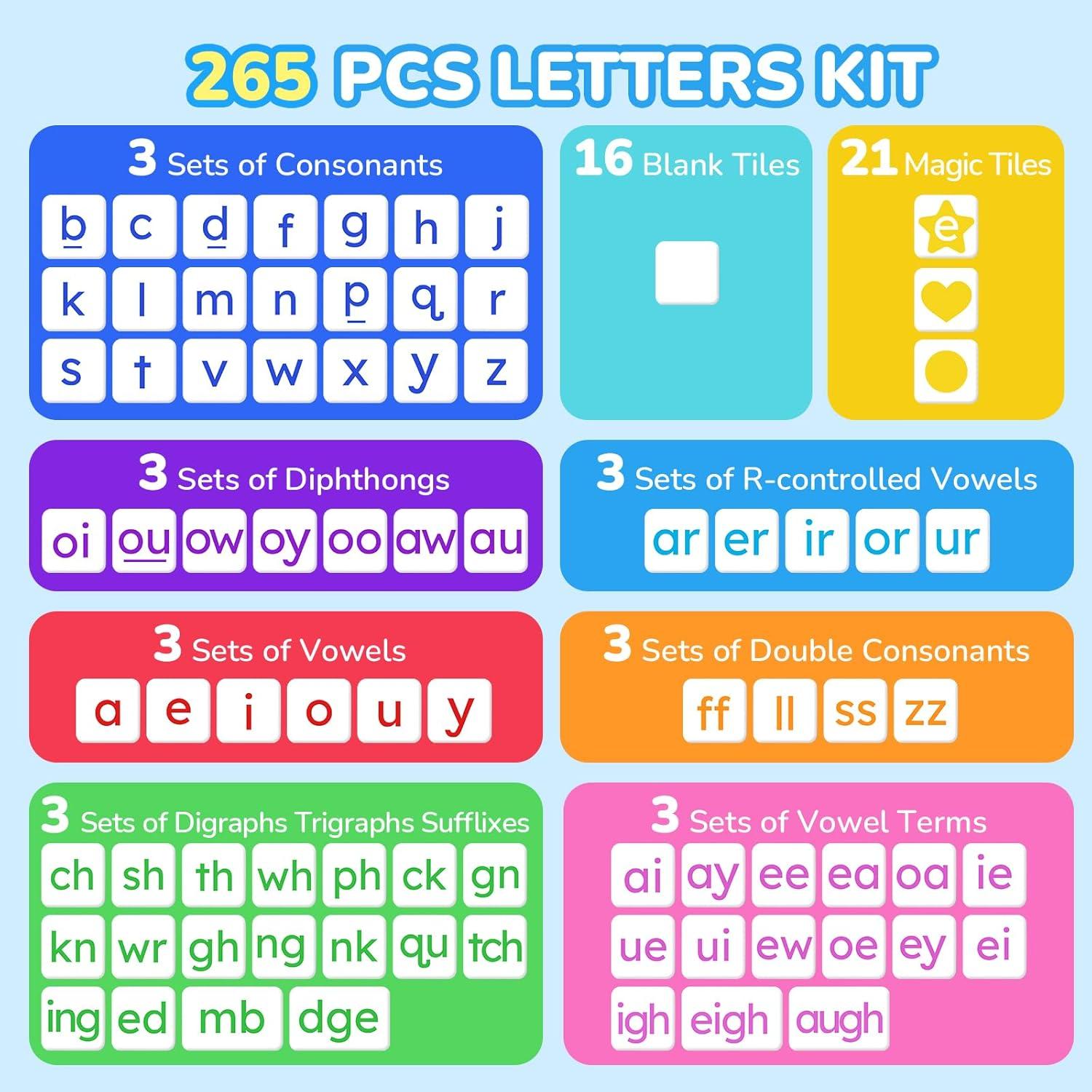 JoyCat 265 Phonics Magnetic Letter Tiles- Hooked on Phonics, ABC Reading Games Set with Word-Building Folder & Storage Case, Letter Sound Alphabet Letters, Preschool Pre k Classroom Materials(265 Tiles+1 Word Folder)