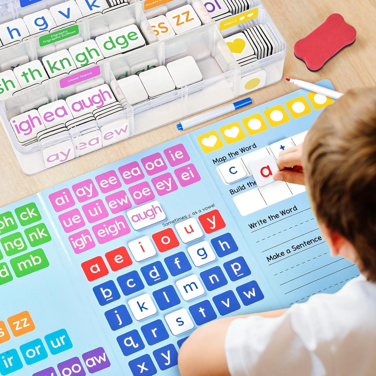 JoyCat 265 Phonics Magnetic Letter Tiles- Hooked on Phonics, ABC Reading Games Set with Word-Building Folder & Storage Case, Letter Sound Alphabet Letters, Preschool Pre k Classroom Materials(265 Tiles+1 Word Folder)