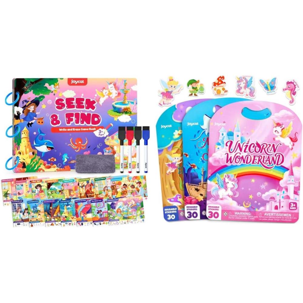 JoyCat Seek & Find Game Book Reusable Sticker Book Set (3-Pack): Unicorn, Fairies, Mermaid – 90 Pcs Stickers for Toddlers, Kids Sticker Activity Book