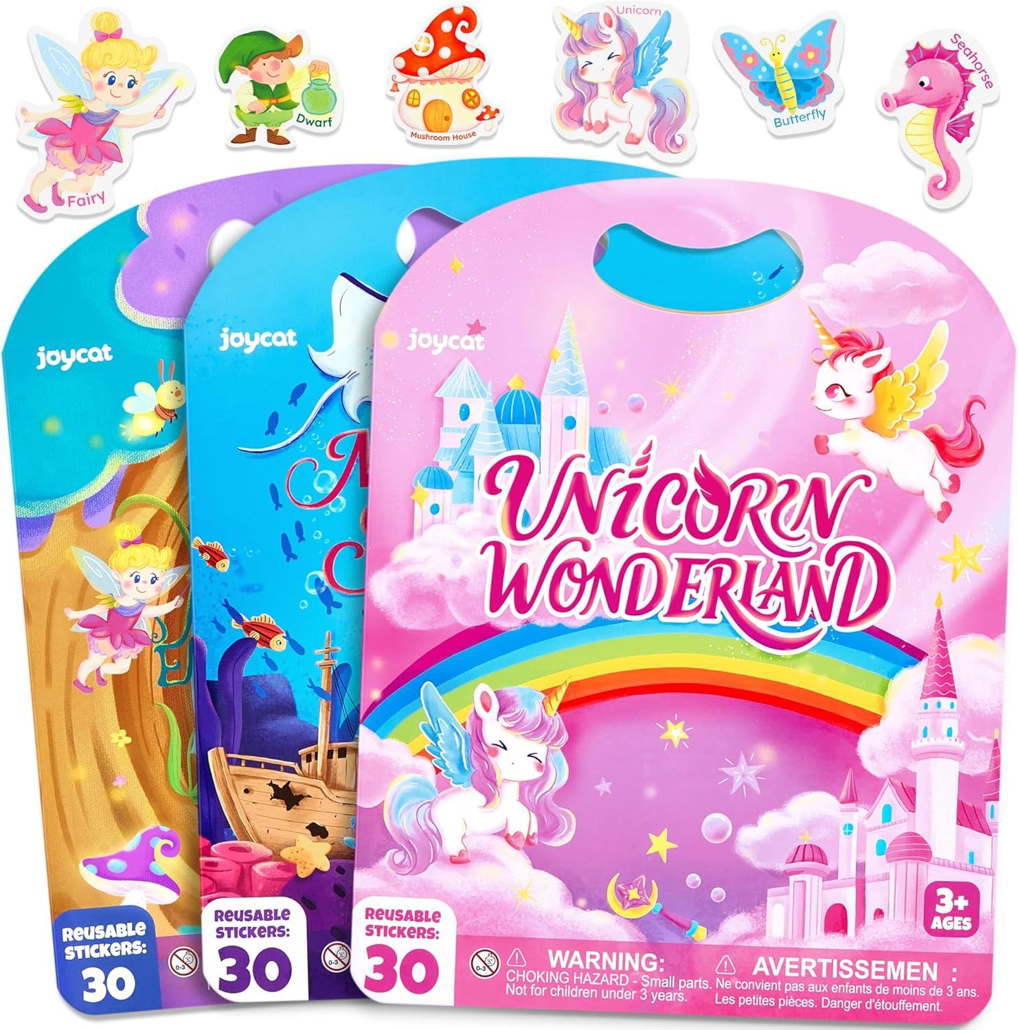 JoyCat Seek & Find Game Book Reusable Sticker Book Set (3-Pack): Unicorn, Fairies, Mermaid – 90 Pcs Stickers for Toddlers, Kids Sticker Activity Book