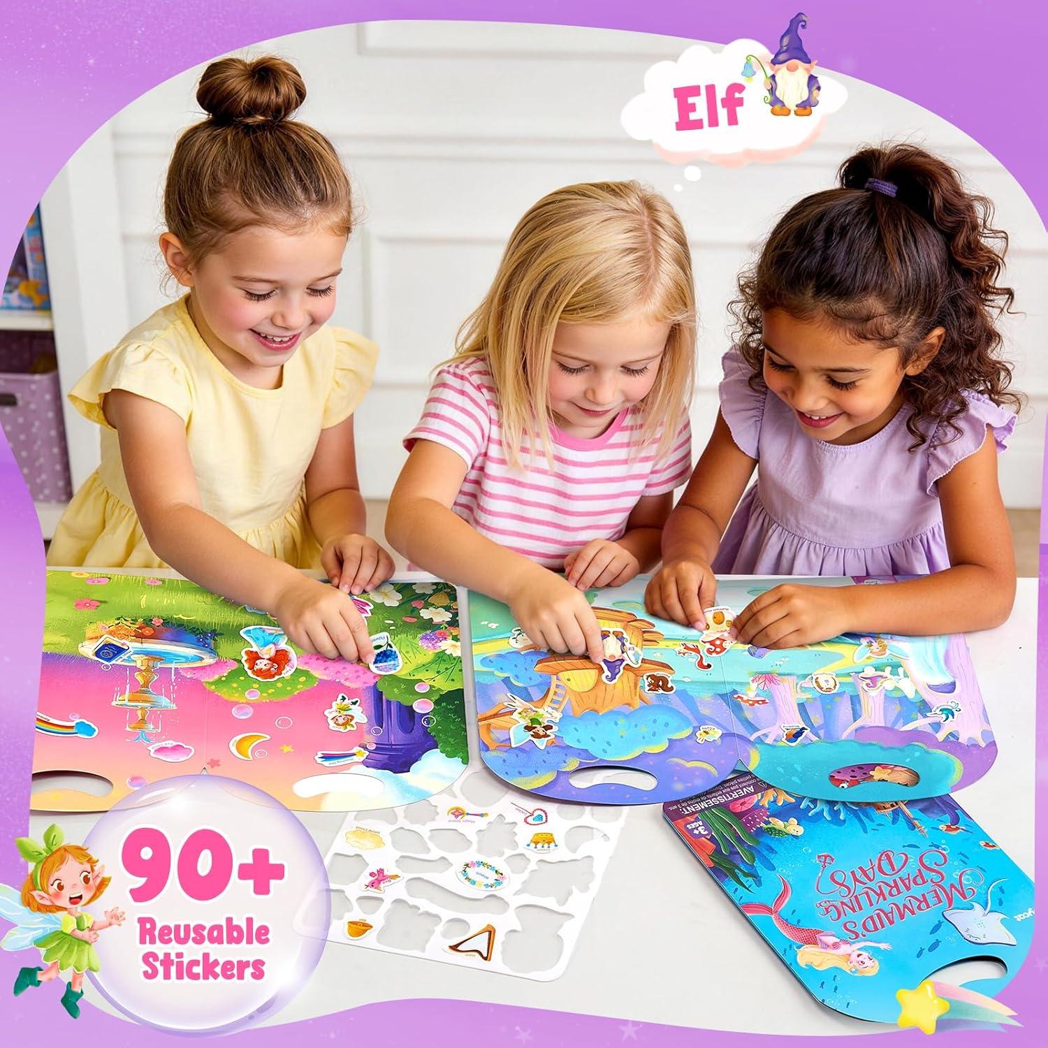 JoyCat Seek & Find Game Book Reusable Sticker Book Set (3-Pack): Unicorn, Fairies, Mermaid – 90 Pcs Stickers for Toddlers, Kids Sticker Activity Book