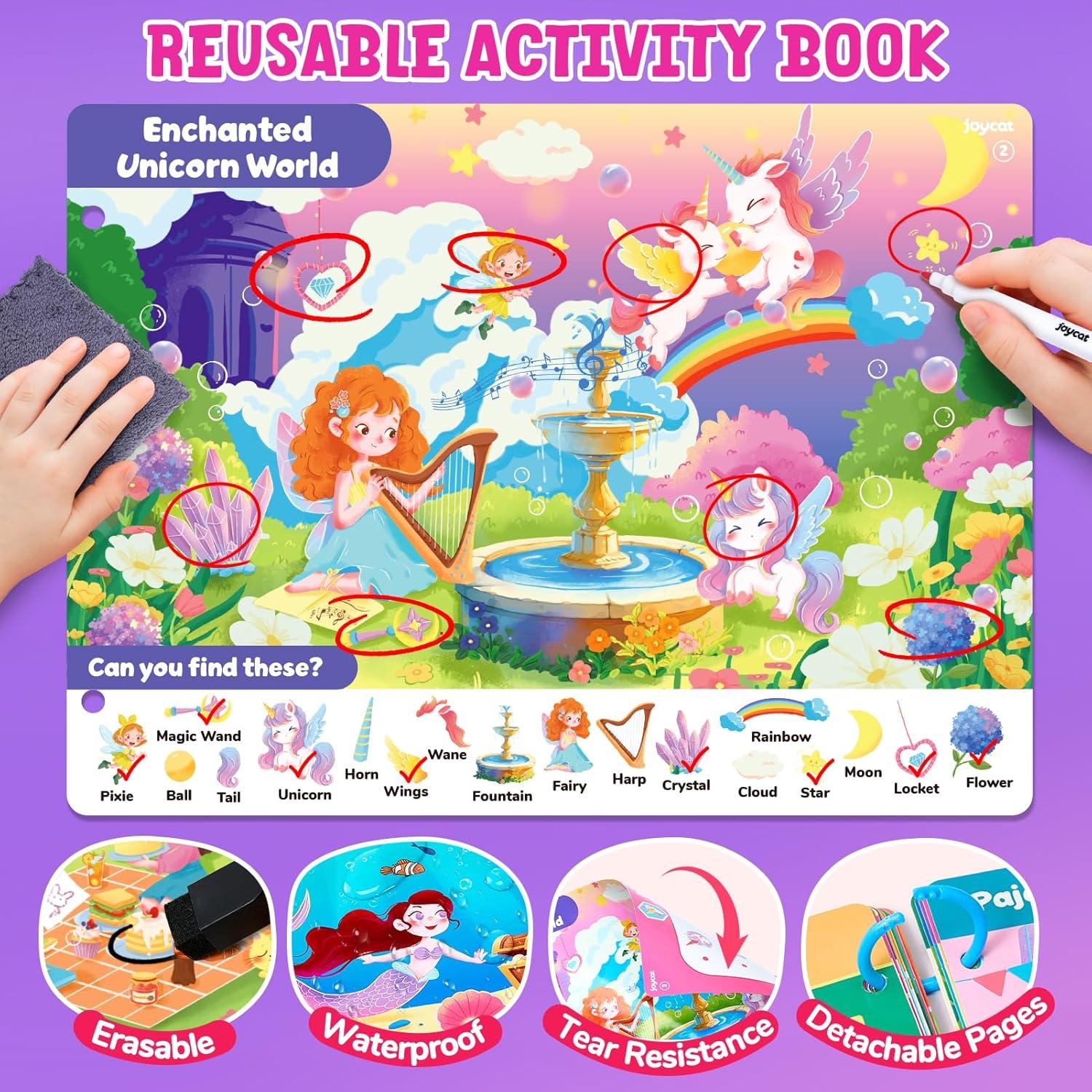 JoyCat Seek & Find Game Book Reusable Sticker Book Set (3-Pack): Unicorn, Fairies, Mermaid – 90 Pcs Stickers for Toddlers, Kids Sticker Activity Book