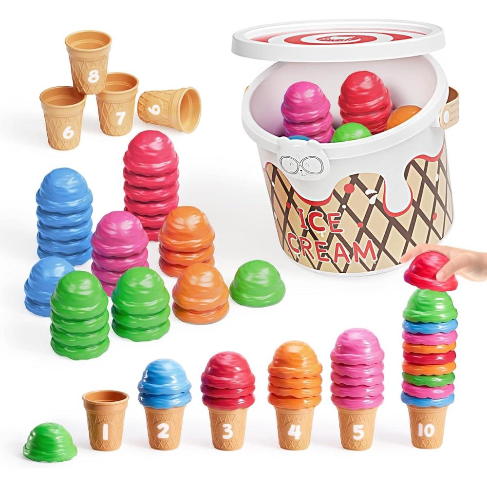 JoyCat Ice Cream Preschool Learning Activities Counting and Color Sorting Set Stacking Toys for Kids 1-5, Educational Fine Motor Skills Toys, 30PCS Math Manipulatives, Easter Basket Stuffers(White Learning Bucket Set(55 ice cream scoops&10 ice cream cones 