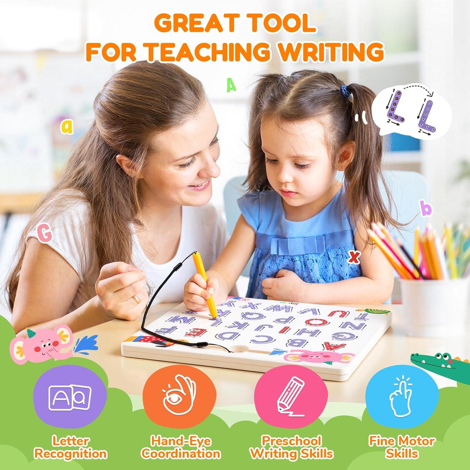 JoyCat Magnetic Animal Letter Tracing Board, Double-Sided ABC Magnets for Toddlers, Uppercase & Lowercase Letter Writing Practice – Preschool Learning Toys, Road Trip Car Activities for Kids Ages 3-5(Letter)