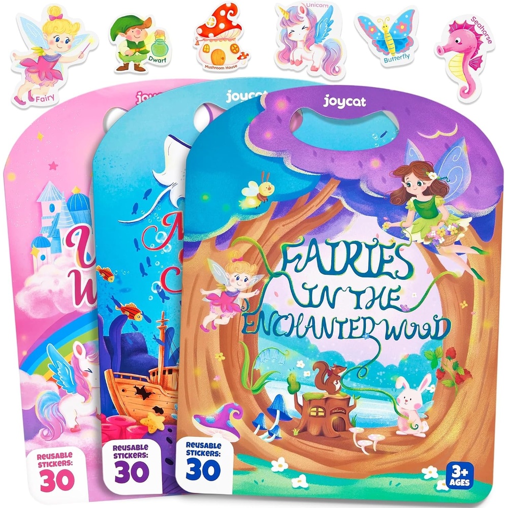 JoyCat Reusable Dress-Up Sticker Books, 3-Pack, Princess Mermaid Fashion | 200+ washable stickers, kids car activities, toddler creative play, preschool travel toy, birthday gift for 4 year old girls(3-Pack: Unicorn  Fairies  Mermaid)