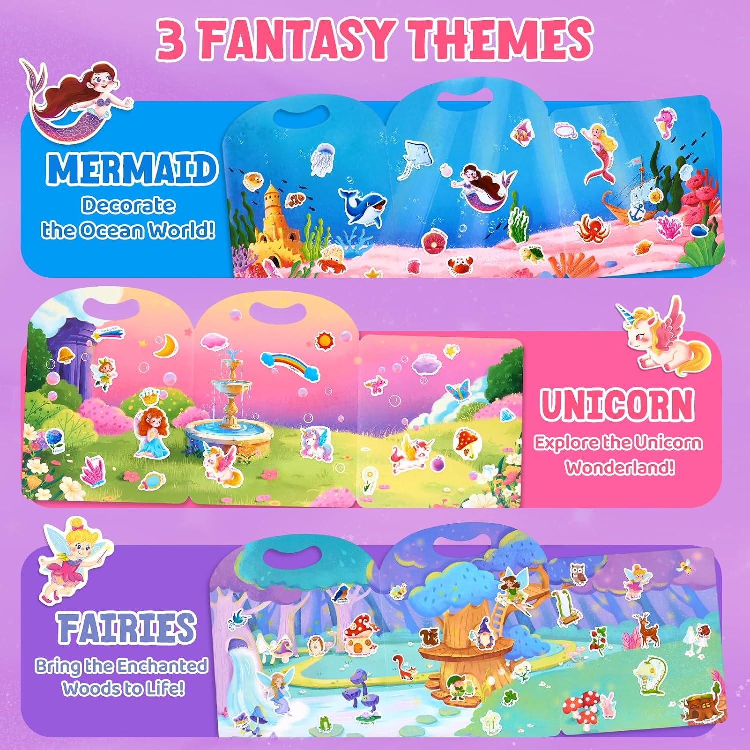 JoyCat Reusable Dress-Up Sticker Books, 3-Pack, Princess Mermaid Fashion | 200+ washable stickers, kids car activities, toddler creative play, preschool travel toy, birthday gift for 4 year old girls(3-Pack: Unicorn  Fairies  Mermaid)