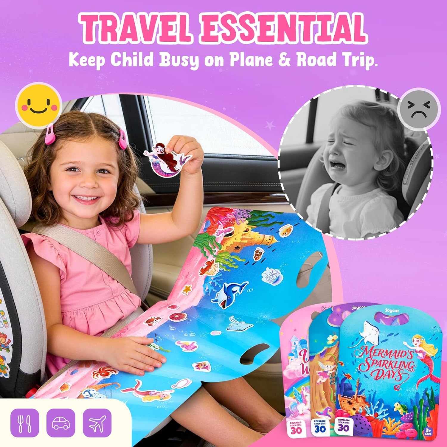 JoyCat Reusable Dress-Up Sticker Books, 3-Pack, Princess Mermaid Fashion | 200+ washable stickers, kids car activities, toddler creative play, preschool travel toy, birthday gift for 4 year old girls(3-Pack: Unicorn  Fairies  Mermaid)