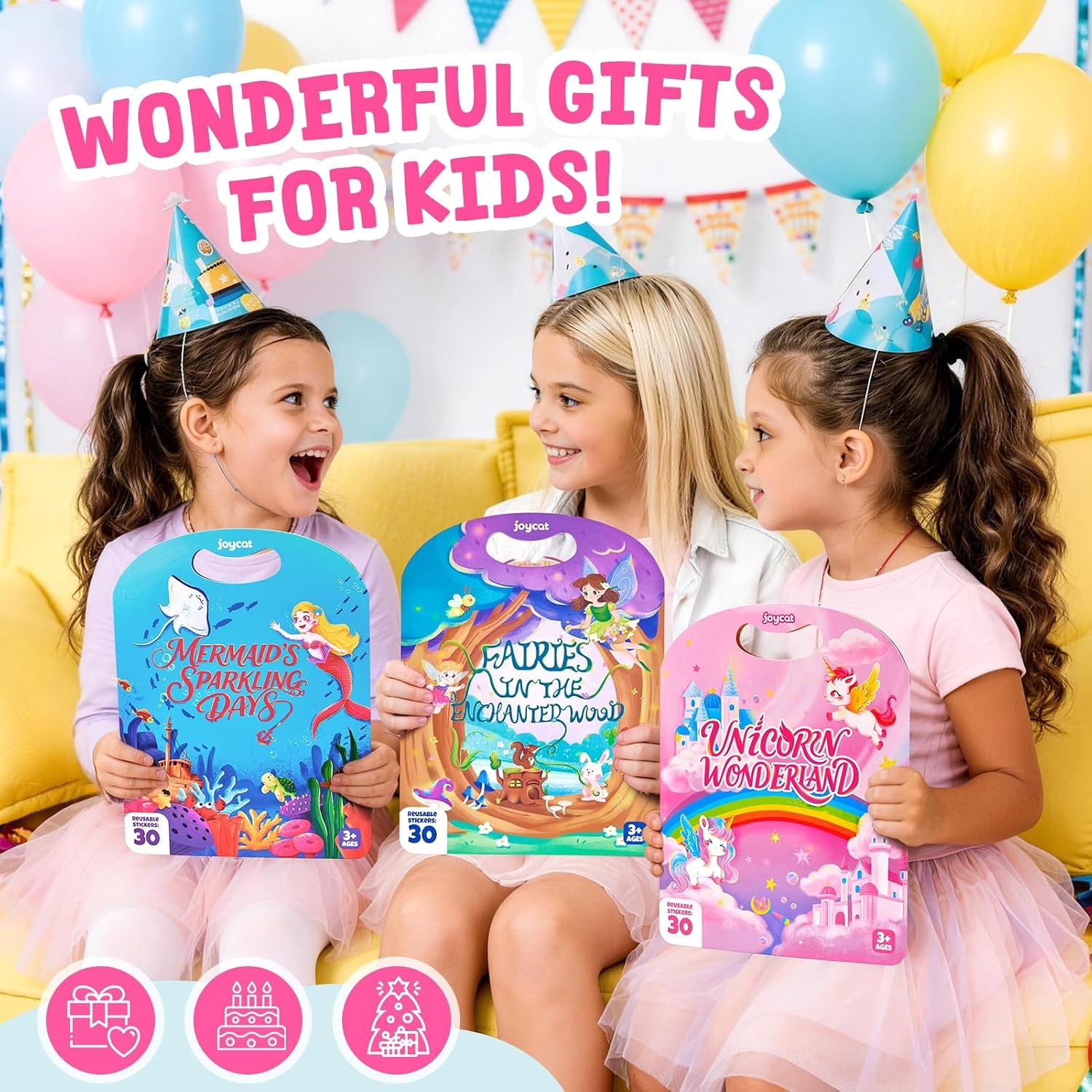 JoyCat Reusable Dress-Up Sticker Books, 3-Pack, Princess Mermaid Fashion | 200+ washable stickers, kids car activities, toddler creative play, preschool travel toy, birthday gift for 4 year old girls(3-Pack: Unicorn  Fairies  Mermaid)
