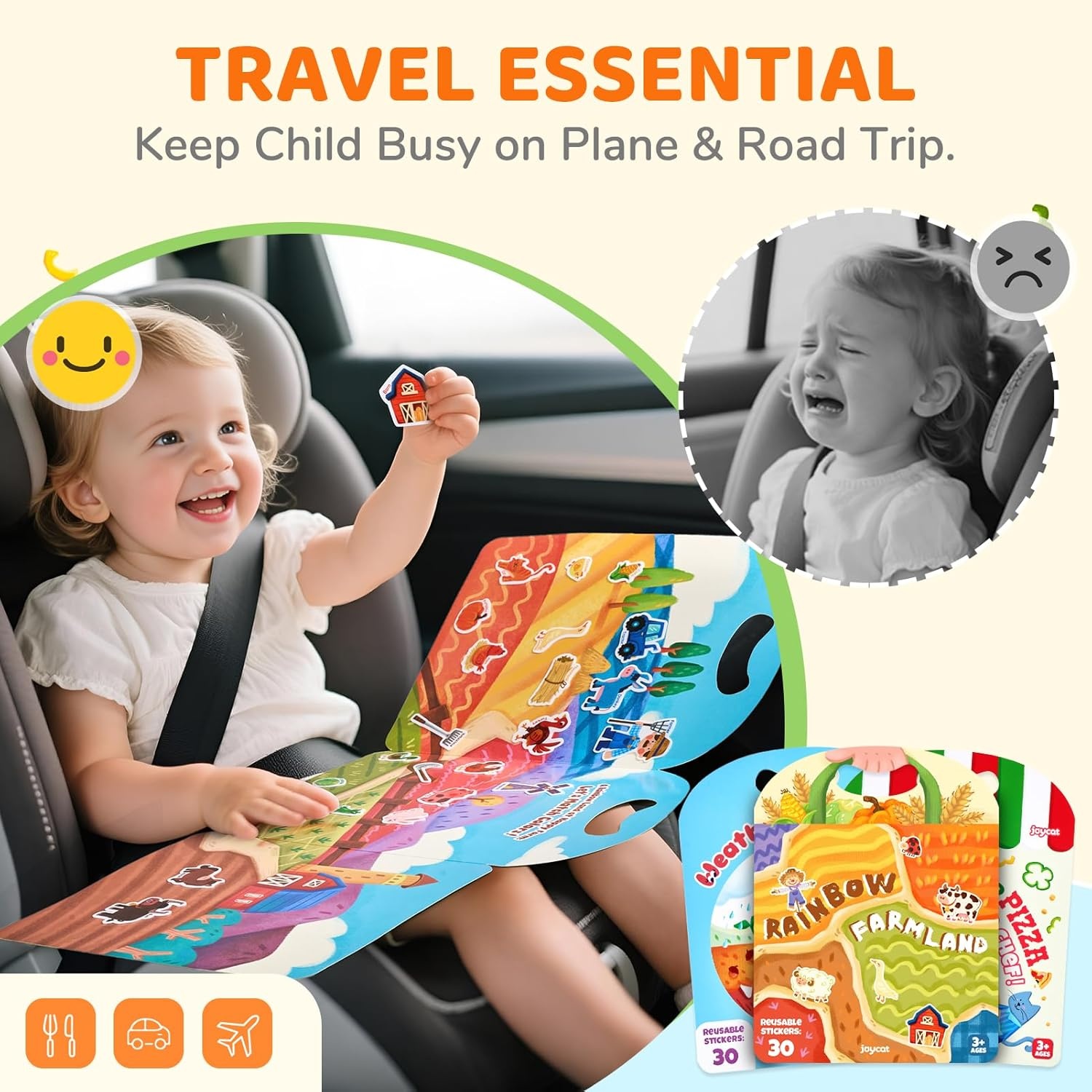 JoyCat Reusable Dress-Up Sticker Books, 3-Pack, Princess Mermaid Fashion | 200+ washable stickers, kids car activities, toddler creative play, preschool travel toy, birthday gift for 4 year old girls(3-Pack: Pizza  Weather  Farm)