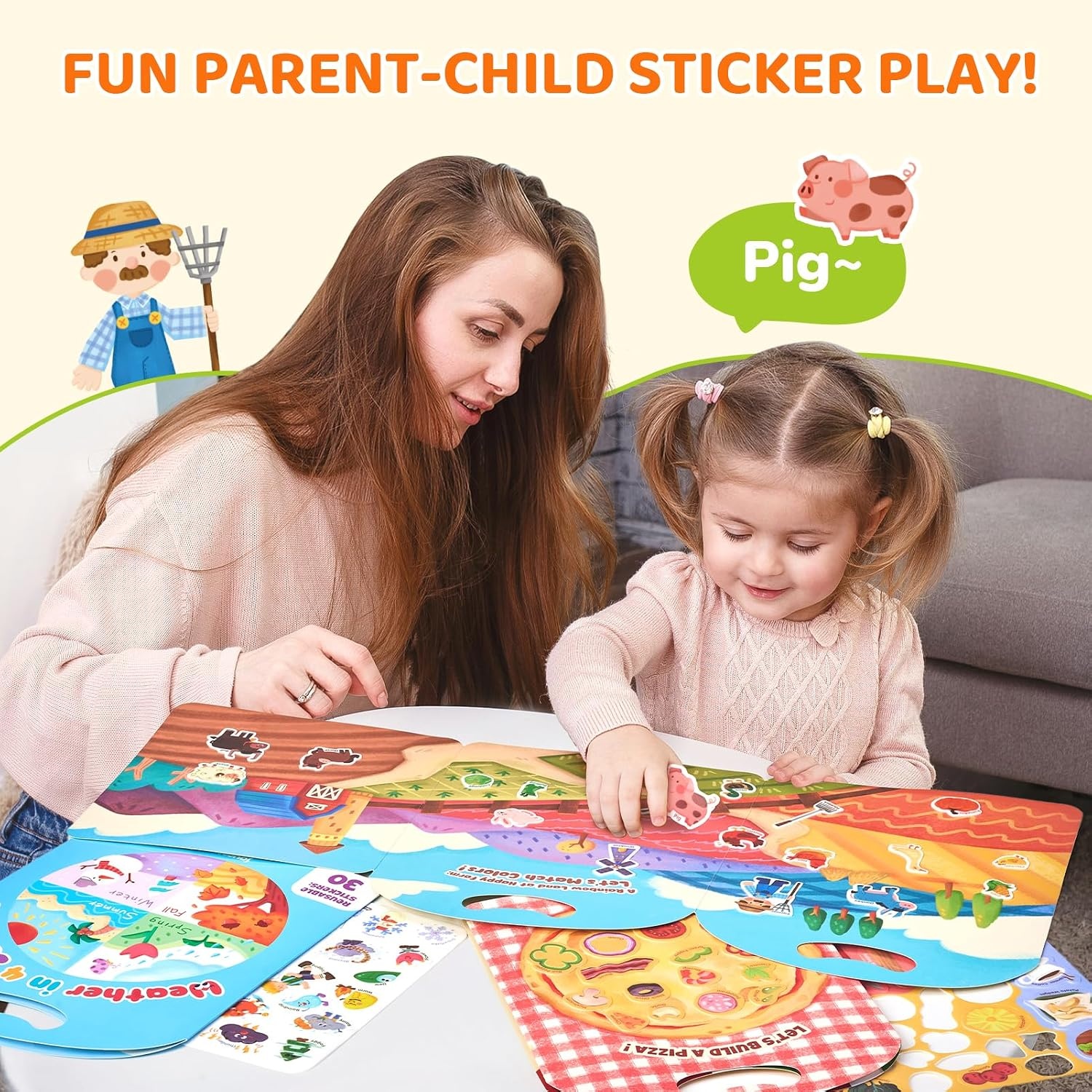 JoyCat Reusable Dress-Up Sticker Books, 3-Pack, Princess Mermaid Fashion | 200+ washable stickers, kids car activities, toddler creative play, preschool travel toy, birthday gift for 4 year old girls(3-Pack: Pizza  Weather  Farm)