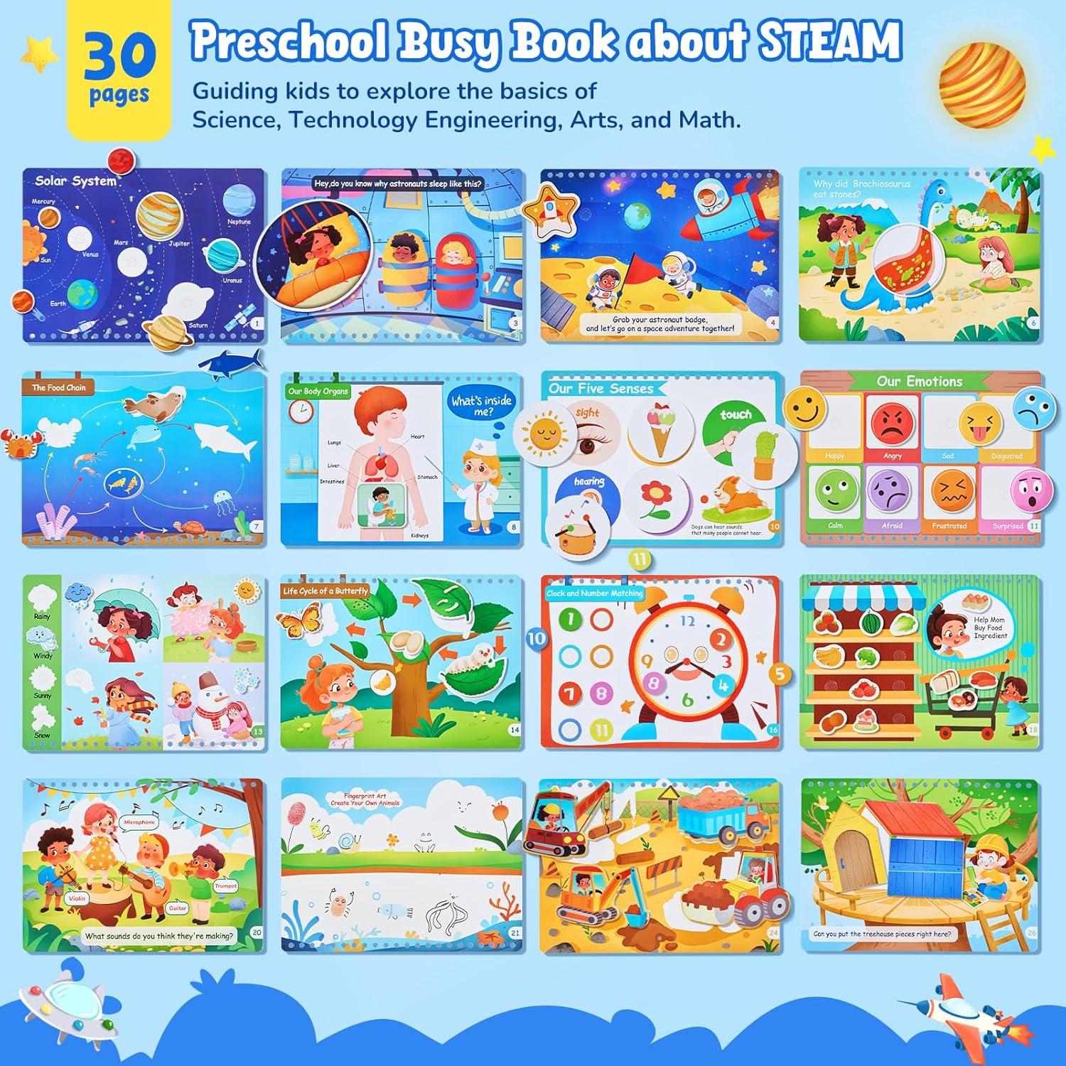 JoyCat Preschool Busy Book for Toddlers 3-5, Learning Activities, Educational Sensory Toys, Autism Learning Material, Back to School, Birthdays Presents for Boys Girls(English – STEAM Edition)