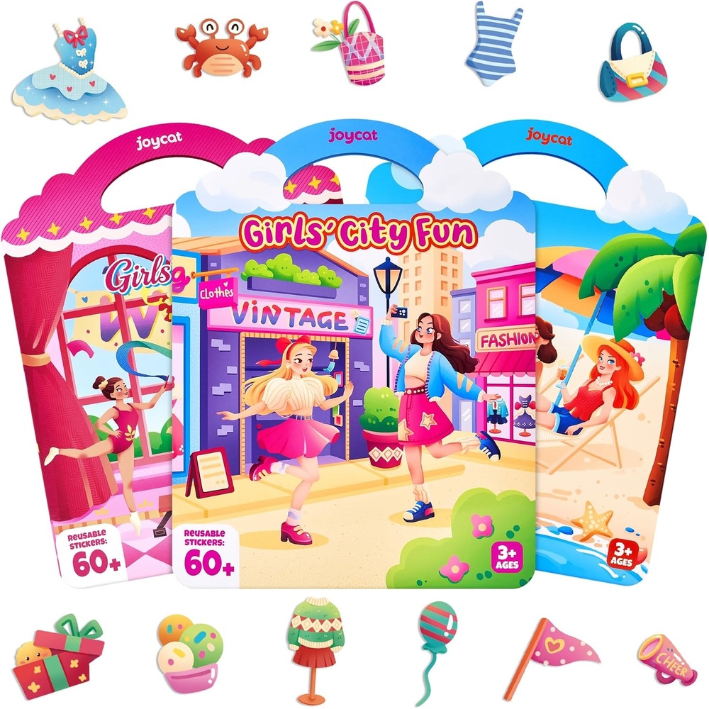 JoyCat Reusable Dress-Up Sticker Books, 3-Pack, Princess Mermaid Fashion | 200+ washable stickers, kids car activities, toddler creative play, preschool travel toy, birthday gift for 4 year old girls(3-Pack Dress-Up: City  Seaside  Dreams)