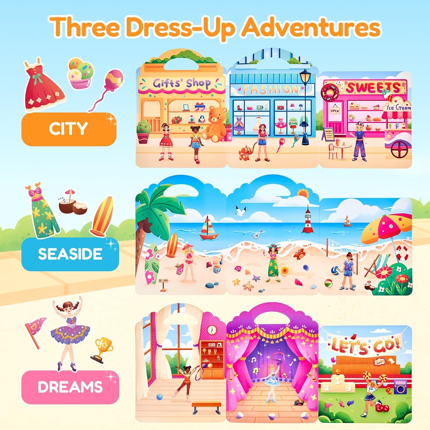 JoyCat Reusable Dress-Up Sticker Books, 3-Pack, Princess Mermaid Fashion | 200+ washable stickers, kids car activities, toddler creative play, preschool travel toy, birthday gift for 4 year old girls(3-Pack Dress-Up: City  Seaside  Dreams)