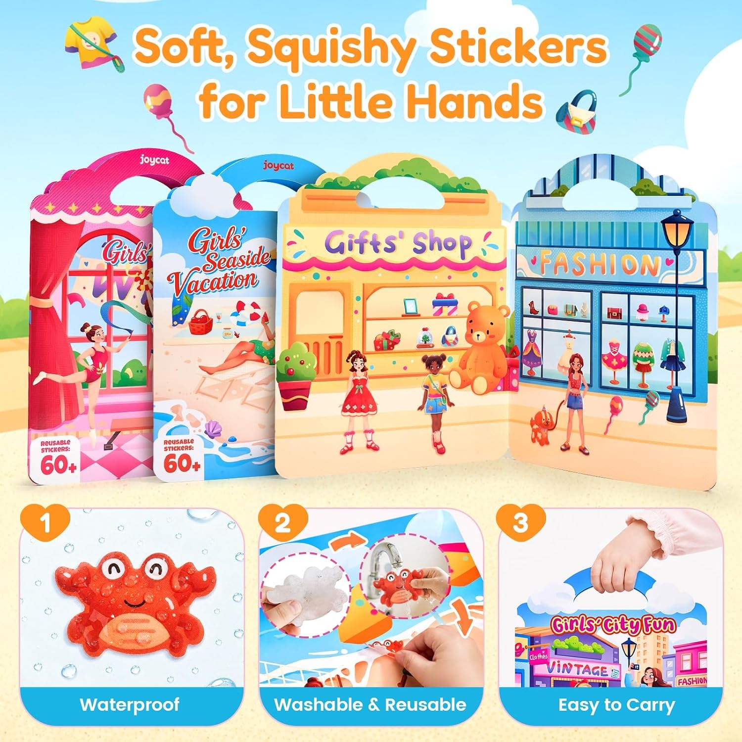 JoyCat Reusable Dress-Up Sticker Books, 3-Pack, Princess Mermaid Fashion | 200+ washable stickers, kids car activities, toddler creative play, preschool travel toy, birthday gift for 4 year old girls(3-Pack Dress-Up: City  Seaside  Dreams)