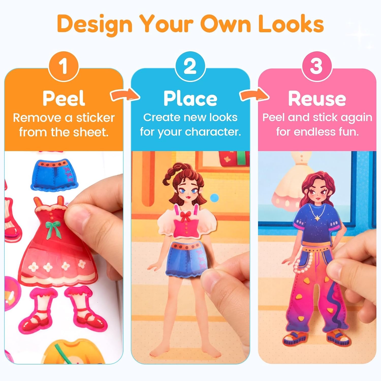 JoyCat Reusable Dress-Up Sticker Books, 3-Pack, Princess Mermaid Fashion | 200+ washable stickers, kids car activities, toddler creative play, preschool travel toy, birthday gift for 4 year old girls(3-Pack Dress-Up: City  Seaside  Dreams)