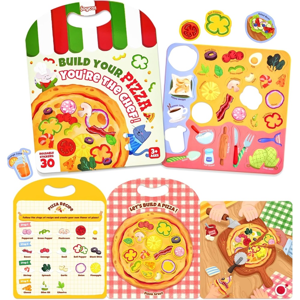 JoyCat Reusable Dress-Up Sticker Books, 3-Pack, Princess Mermaid Fashion | 200+ washable stickers, kids car activities, toddler creative play, preschool travel toy, birthday gift for 4 year old girls(Pizza)