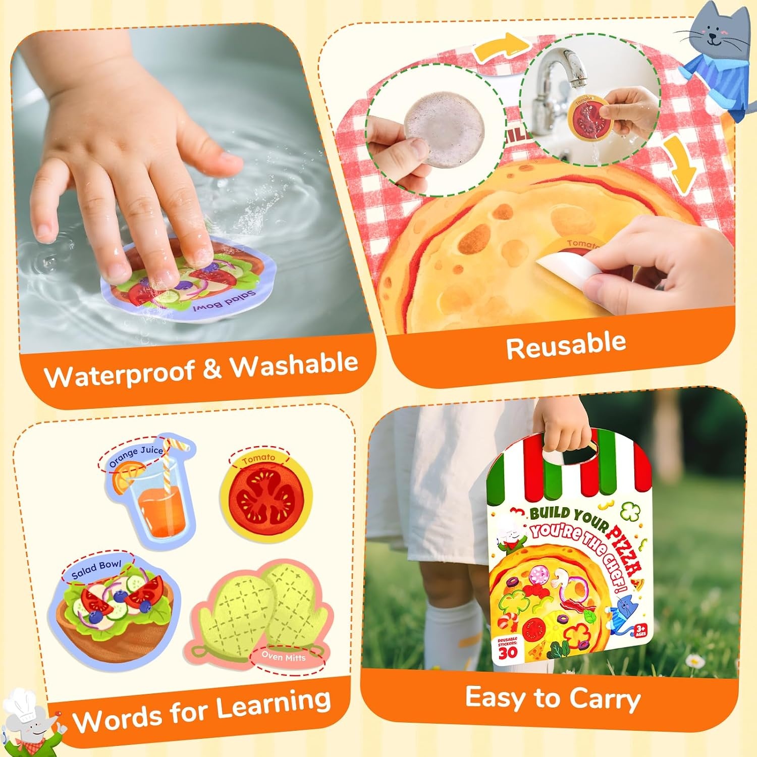 JoyCat Reusable Dress-Up Sticker Books, 3-Pack, Princess Mermaid Fashion | 200+ washable stickers, kids car activities, toddler creative play, preschool travel toy, birthday gift for 4 year old girls(Pizza)