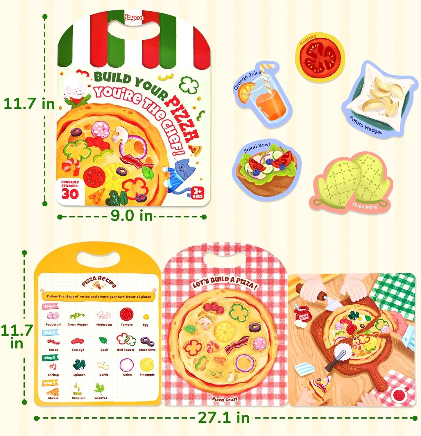 JoyCat Reusable Dress-Up Sticker Books, 3-Pack, Princess Mermaid Fashion | 200+ washable stickers, kids car activities, toddler creative play, preschool travel toy, birthday gift for 4 year old girls(Pizza)