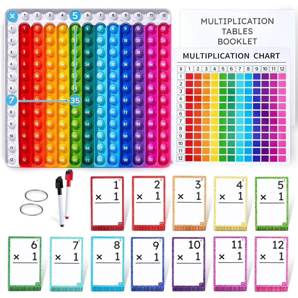 JoyCat Multiplication Flash Cards + Chart- 156 Hole Punched Math Game Flashcards for Kids Ages 8 and Up, Times Table Manipulatives for Preschoolers 3rd,4th,5th,6th Grade