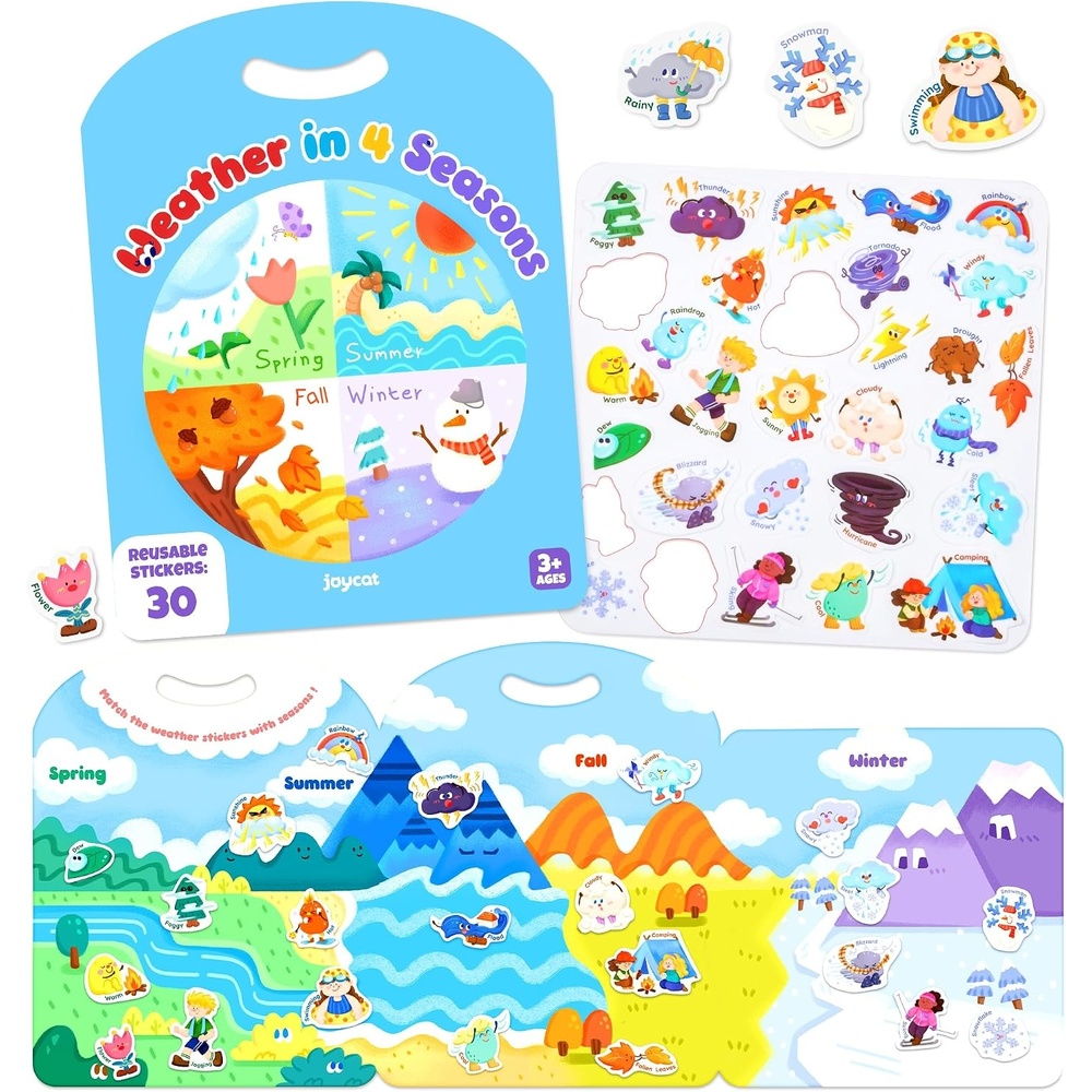 JoyCat Reusable Dress-Up Sticker Books, 3-Pack, Princess Mermaid Fashion | 200+ washable stickers, kids car activities, toddler creative play, preschool travel toy, birthday gift for 4 year old girls(Weather)