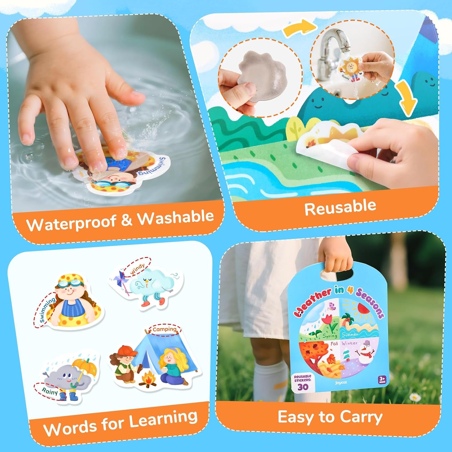 JoyCat Reusable Dress-Up Sticker Books, 3-Pack, Princess Mermaid Fashion | 200+ washable stickers, kids car activities, toddler creative play, preschool travel toy, birthday gift for 4 year old girls(Weather)