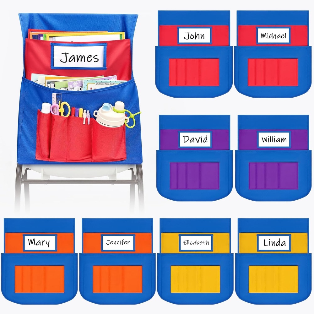 Joycat 12 Pack Classroom Chair Pockets for School, 6 Pocket Student Storage Organizer with Name Tag Holder, Colorful Chair Bags for Classroom & Homeschool Supplies(Colorful)