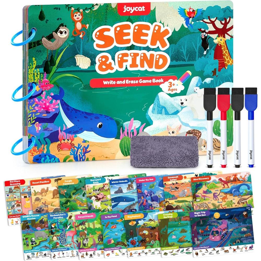 JoyCat Preschool Learning Activities Set (2-Pack) – Seek & Find Game Books and Letters Numbers Handwriting Practice Tracing Workbooks for Toddlers & Kids, Birthday Gifts for Girls and Boys Ages 3-5(4. Seek & Find Animals)