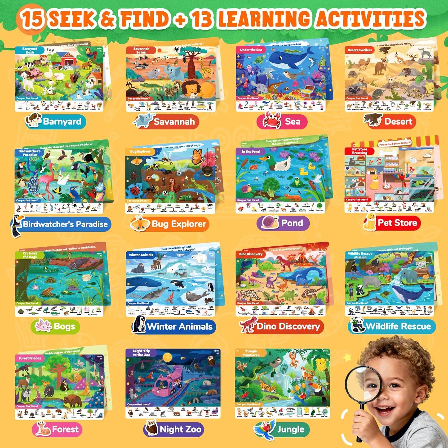 JoyCat Preschool Learning Activities Set (2-Pack) – Seek & Find Game Books and Letters Numbers Handwriting Practice Tracing Workbooks for Toddlers & Kids, Birthday Gifts for Girls and Boys Ages 3-5(4. Seek & Find Animals)