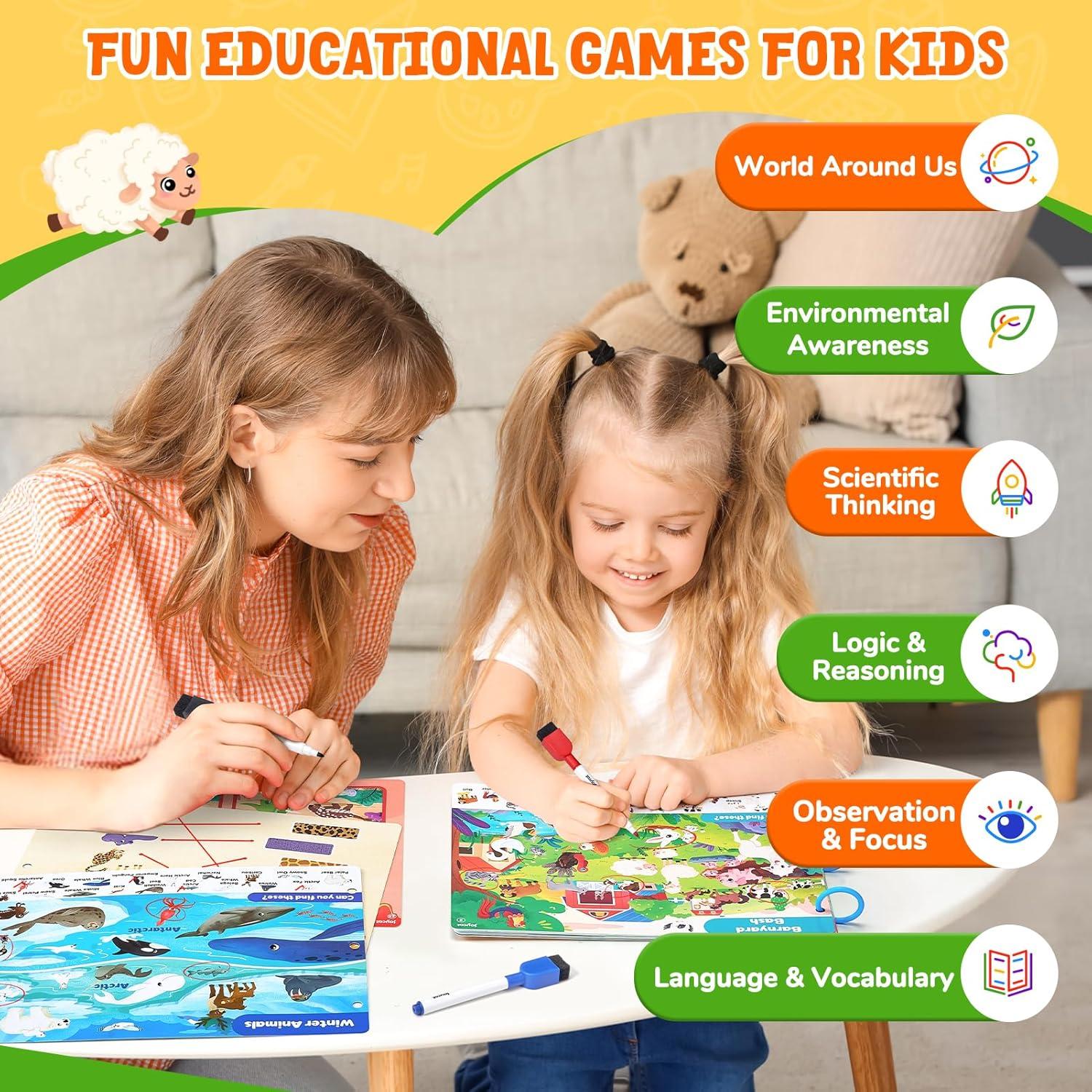 JoyCat Preschool Learning Activities Set (2-Pack) – Seek & Find Game Books and Letters Numbers Handwriting Practice Tracing Workbooks for Toddlers & Kids, Birthday Gifts for Girls and Boys Ages 3-5(4. Seek & Find Animals)