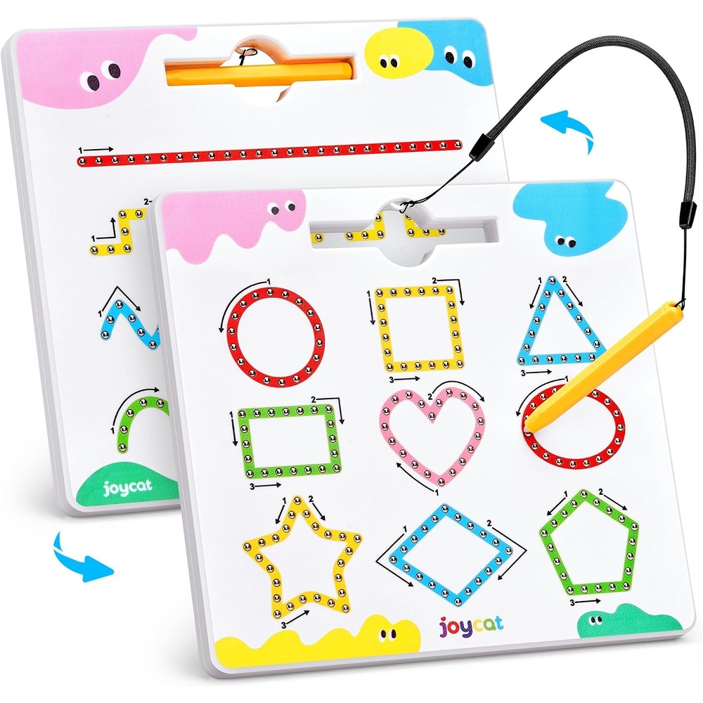 JoyCat Magnetic Shapes and Lines Tracing Board, 2-in-1 Double-Sided Pencil Control Toy for Toddlers & Kids, Preschool Educational Learning, Road Trip Car Activities, Birthday Gifts for Boys & Girls(Shape 1)