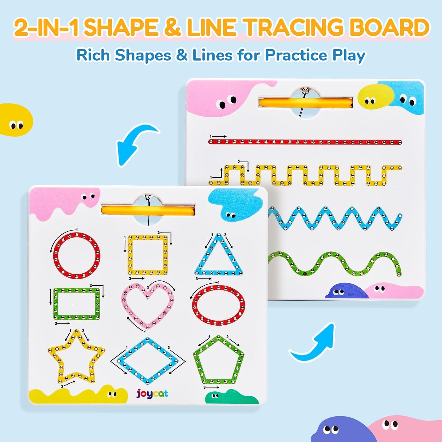JoyCat Magnetic Shapes and Lines Tracing Board, 2-in-1 Double-Sided Pencil Control Toy for Toddlers & Kids, Preschool Educational Learning, Road Trip Car Activities, Birthday Gifts for Boys & Girls(Shape 1)