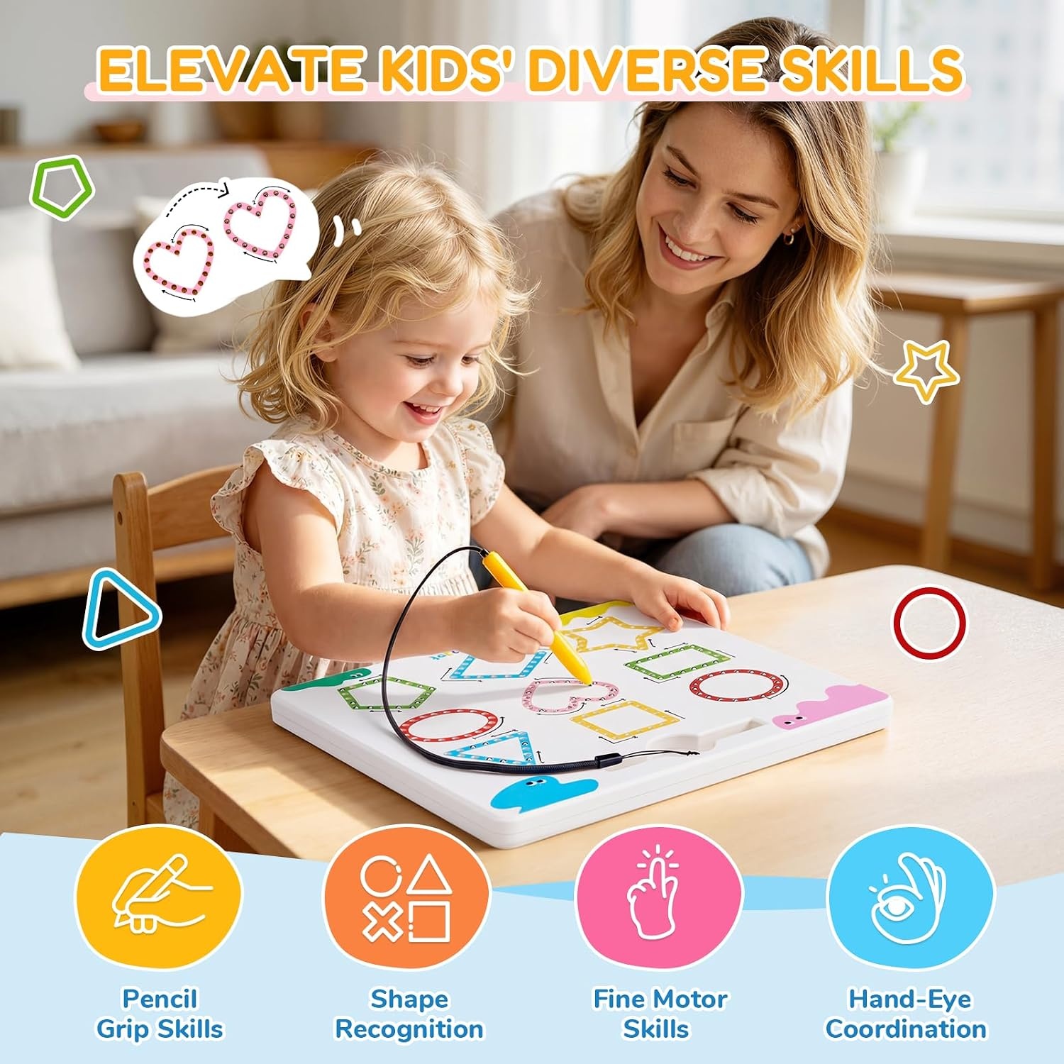 JoyCat Magnetic Shapes and Lines Tracing Board, 2-in-1 Double-Sided Pencil Control Toy for Toddlers & Kids, Preschool Educational Learning, Road Trip Car Activities, Birthday Gifts for Boys & Girls(Shape 1)