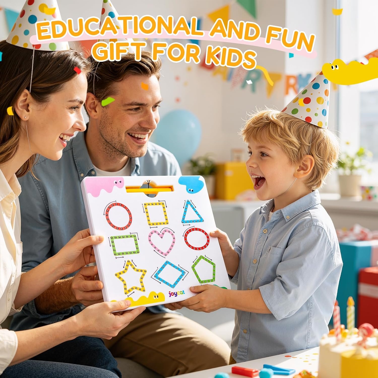JoyCat Magnetic Shapes and Lines Tracing Board, 2-in-1 Double-Sided Pencil Control Toy for Toddlers & Kids, Preschool Educational Learning, Road Trip Car Activities, Birthday Gifts for Boys & Girls(Shape 1)