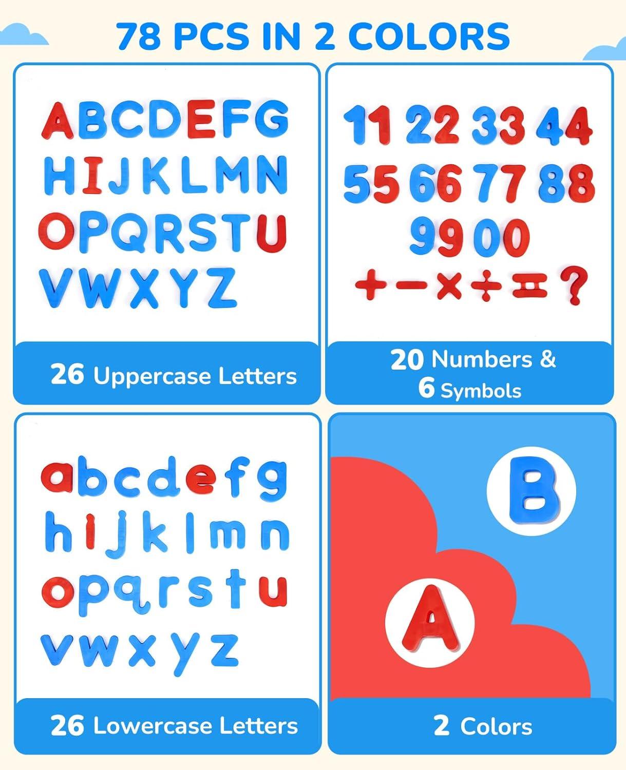 JoyCat Magnetic Letters and Numbers, Uppercase and Lowercase Alphabet Fridge Magnets, Preschool Educational Learning Plastic ABC 123 Colorful Toy Set, Math Symbols for Toddlers, Kids (78 PCS)