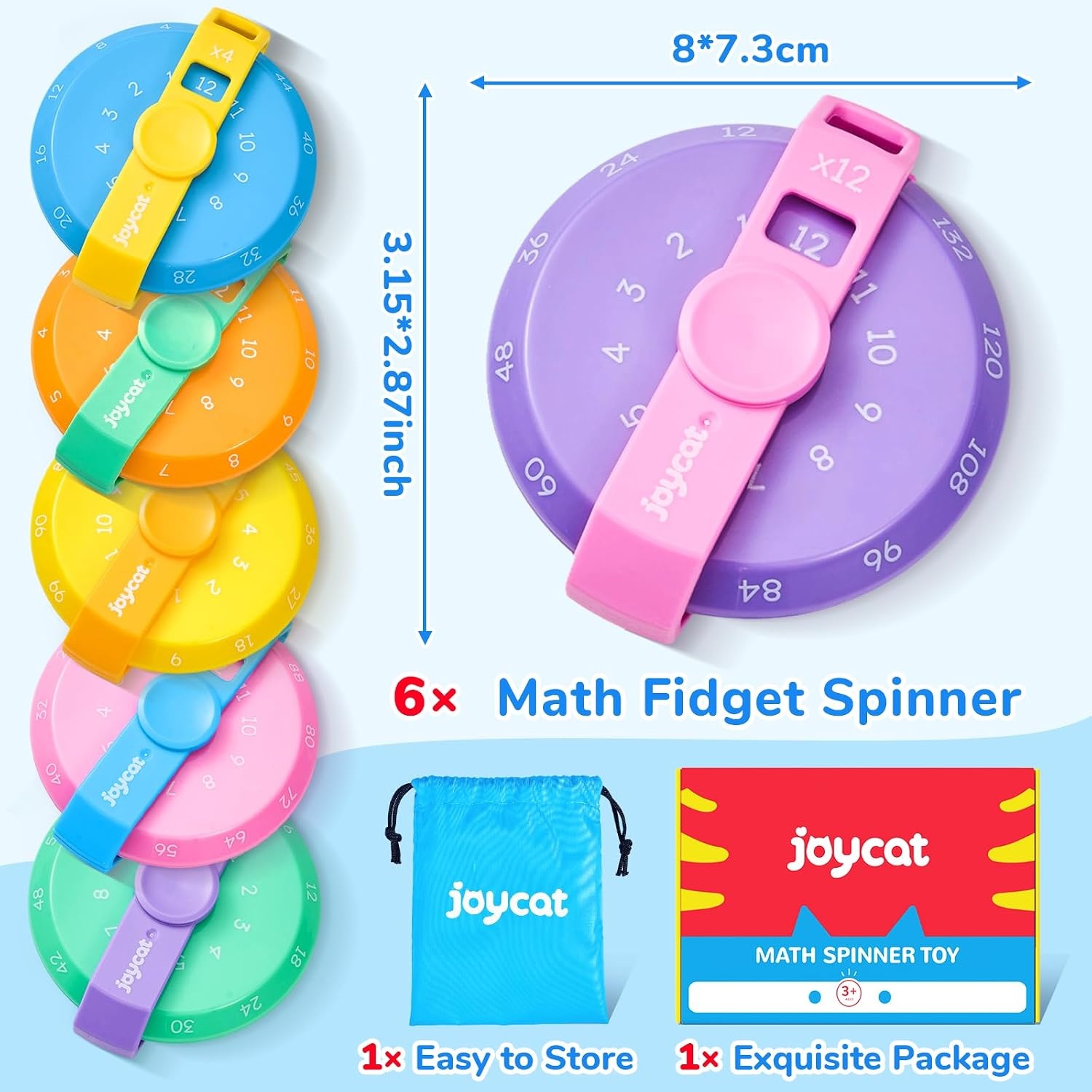 JoyCat Math Fidget Spinners, Multiplication Fidget Toys for Kids (6 Pcs)(6 Pcs Multiplication Sets)