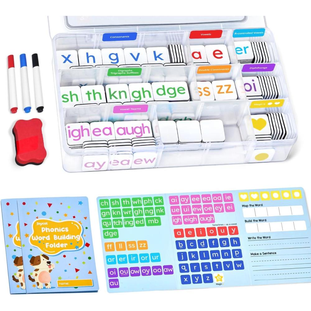 JoyCat 265 Phonics Magnetic Letter Tiles- Hooked on Phonics, ABC Reading Games Set with Word-Building Folder & Storage Case, Letter Sound Alphabet Letters, Preschool Pre k Classroom Materials(265 Tiles+3 Word Folder)