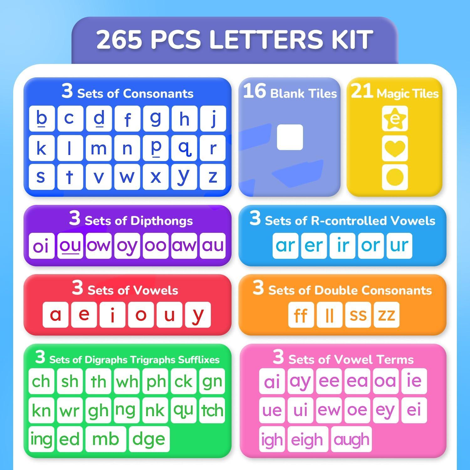 JoyCat 265 Phonics Magnetic Letter Tiles- Hooked on Phonics, ABC Reading Games Set with Word-Building Folder & Storage Case, Letter Sound Alphabet Letters, Preschool Pre k Classroom Materials(265 Tiles+3 Word Folder)
