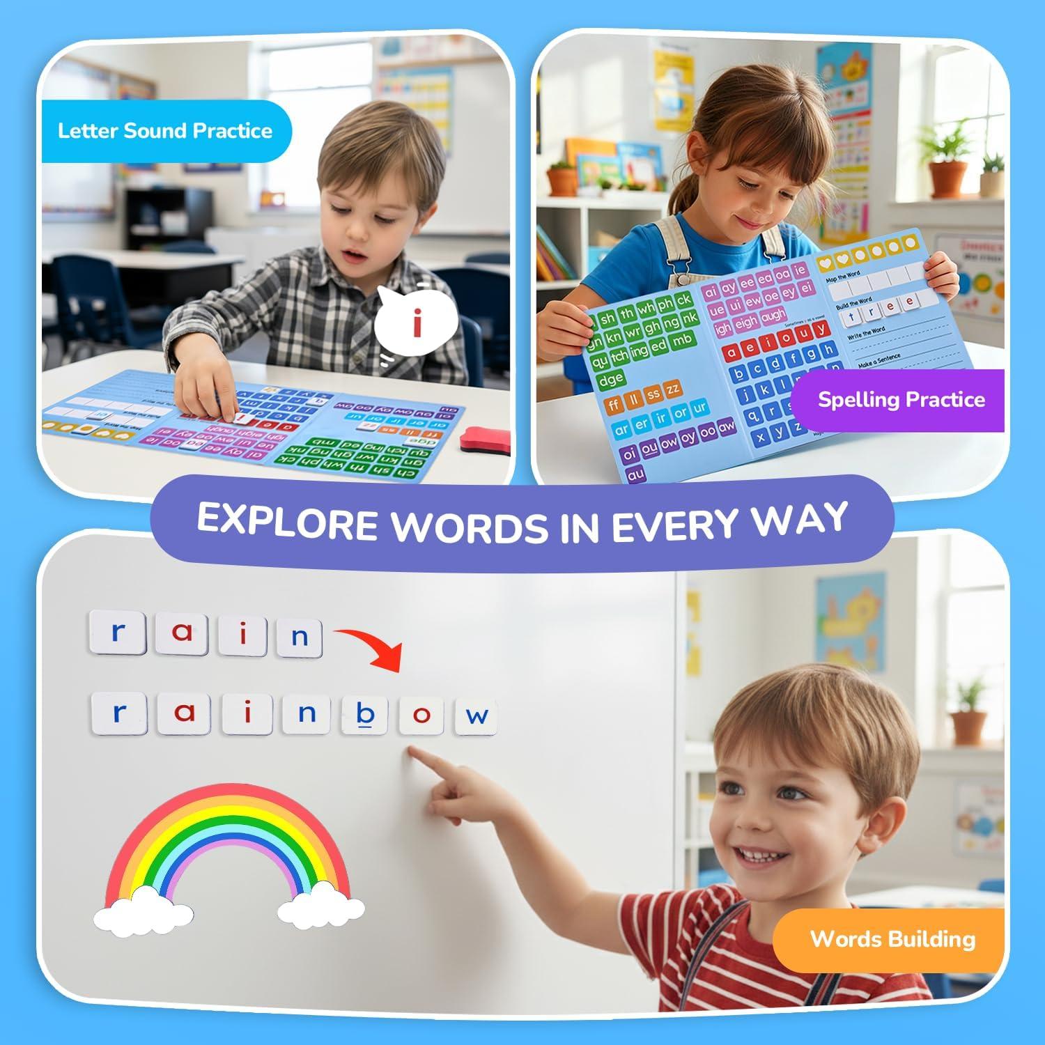 JoyCat 265 Phonics Magnetic Letter Tiles- Hooked on Phonics, ABC Reading Games Set with Word-Building Folder & Storage Case, Letter Sound Alphabet Letters, Preschool Pre k Classroom Materials(265 Tiles+3 Word Folder)