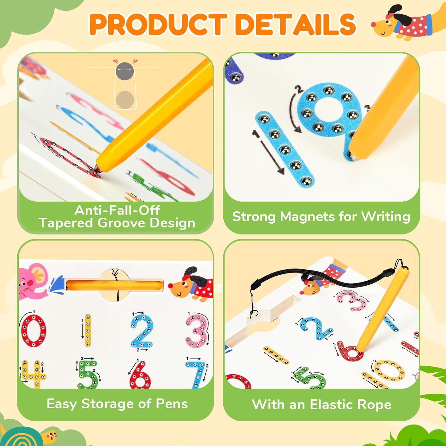 JoyCat Magnetic Animal Letter Tracing Board, Double-Sided ABC Magnets for Toddlers, Uppercase & Lowercase Letter Writing Practice – Preschool Learning Toys, Road Trip Car Activities for Kids Ages 3-5(Number)